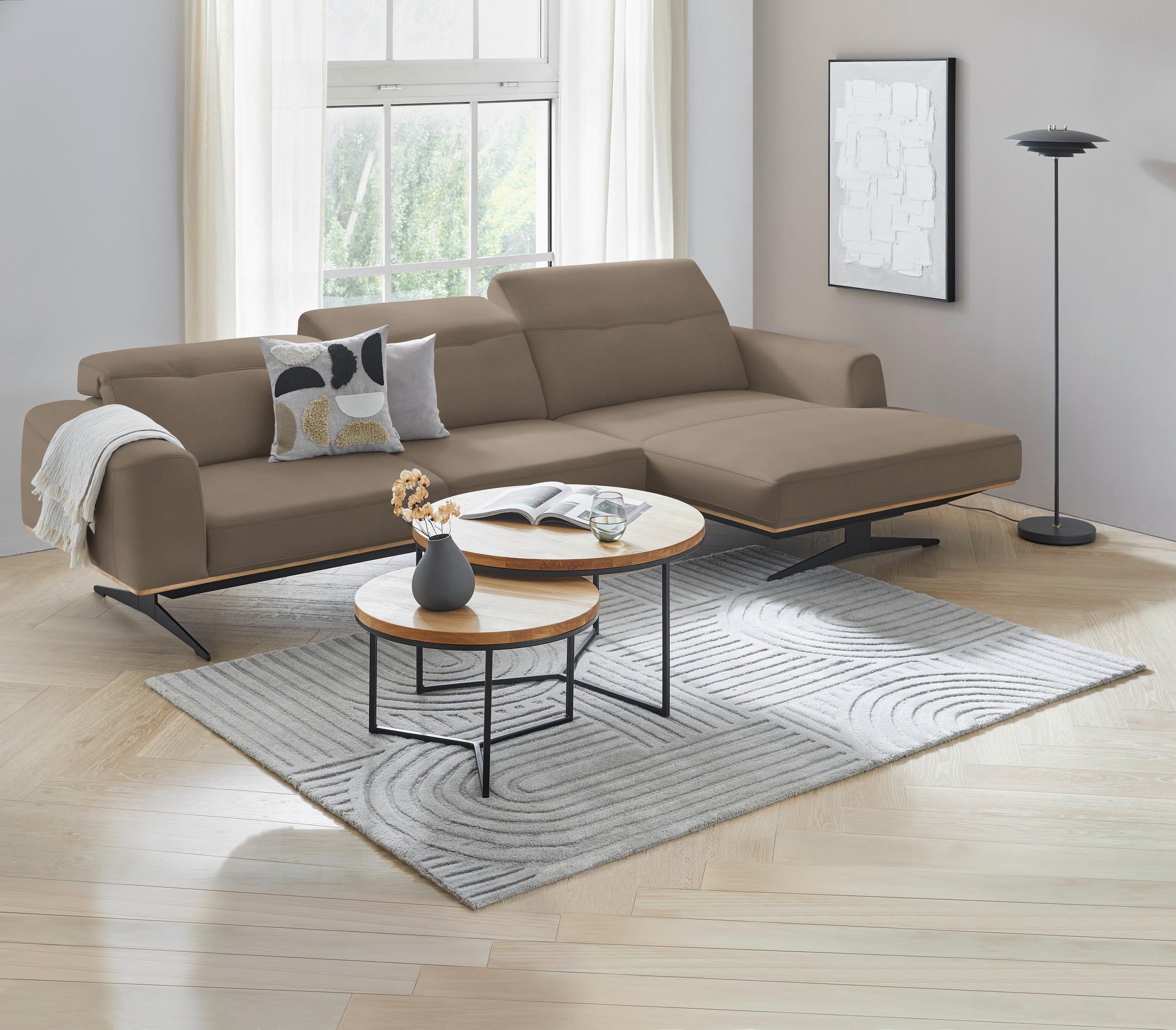 ECKSOFA in Echtleder Hellbraun  - Hellbraun/Eichefarben, Design, Leder/Holz (305/163cm) - Novel