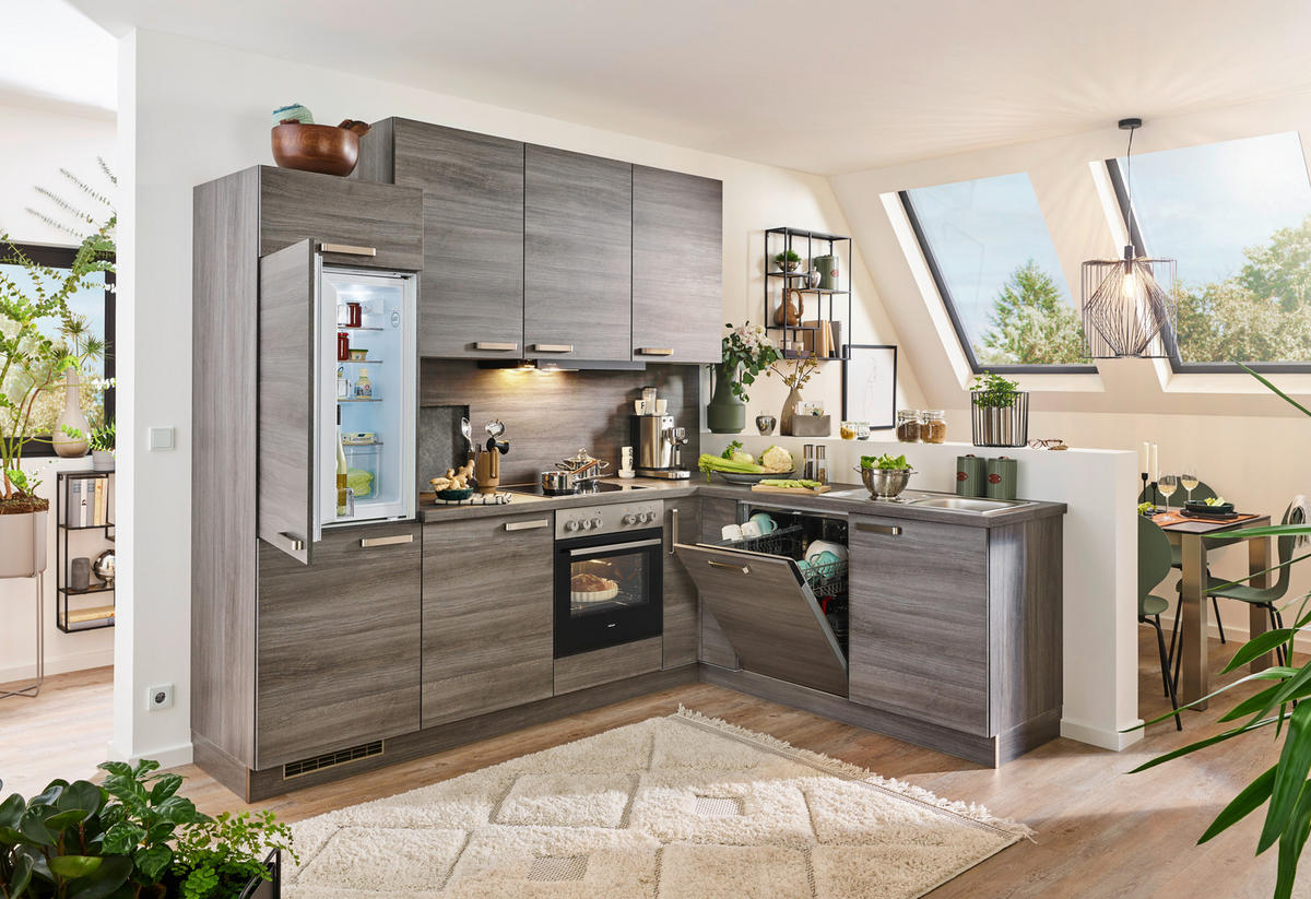 ECKKÜCHE 260/200 cm  in Eichefarben  - Edelstahlfarben/Eichefarben, Design, Holzwerkstoff/Metall (260/200cm) - Welnova