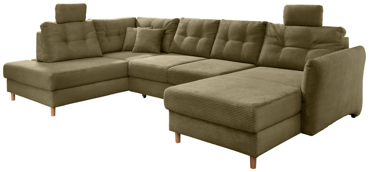 WOHNLANDSCHAFT Olivgrün Cord  - Naturfarben/Olivgrün, MODERN, Holz/Textil (206/338-352/176cm) - Livetastic