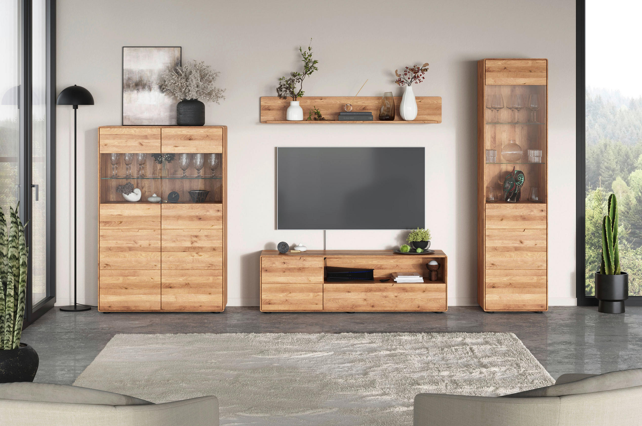 WOHNWAND 4-teilig  in Wildeiche  320/200/40 cm  - Wildeiche, KONVENTIONELL, Glas/Holz (320/200/40cm) - Linea Natura