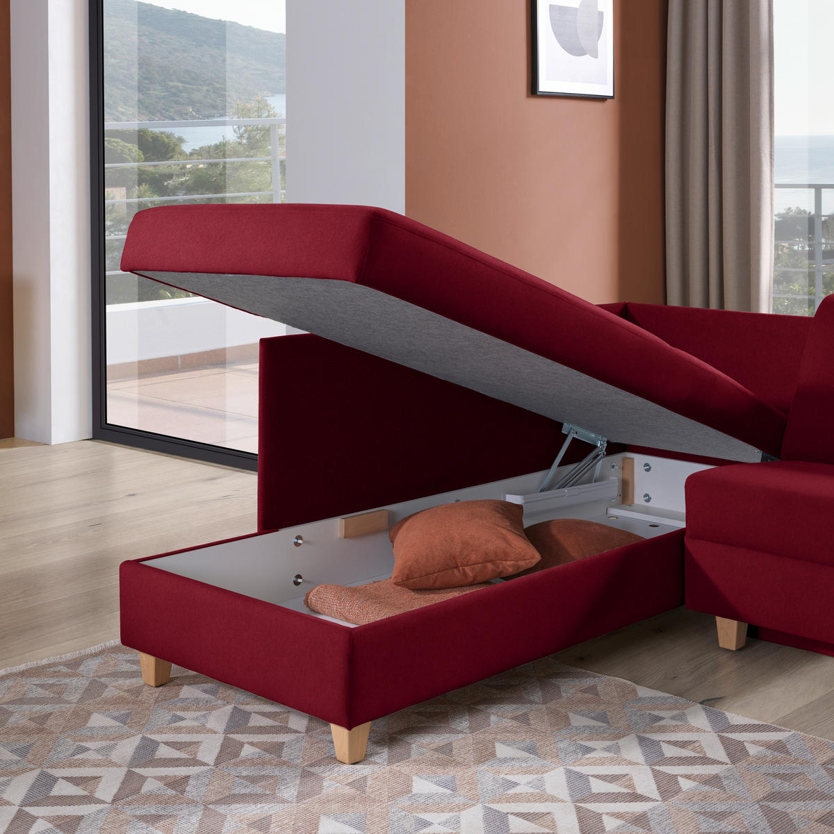 ECKSOFA in Flachgewebe Rot  203/261 cm  - Eichefarben/Rot, KONVENTIONELL, Holz/Textil (203/261cm) - Sedda