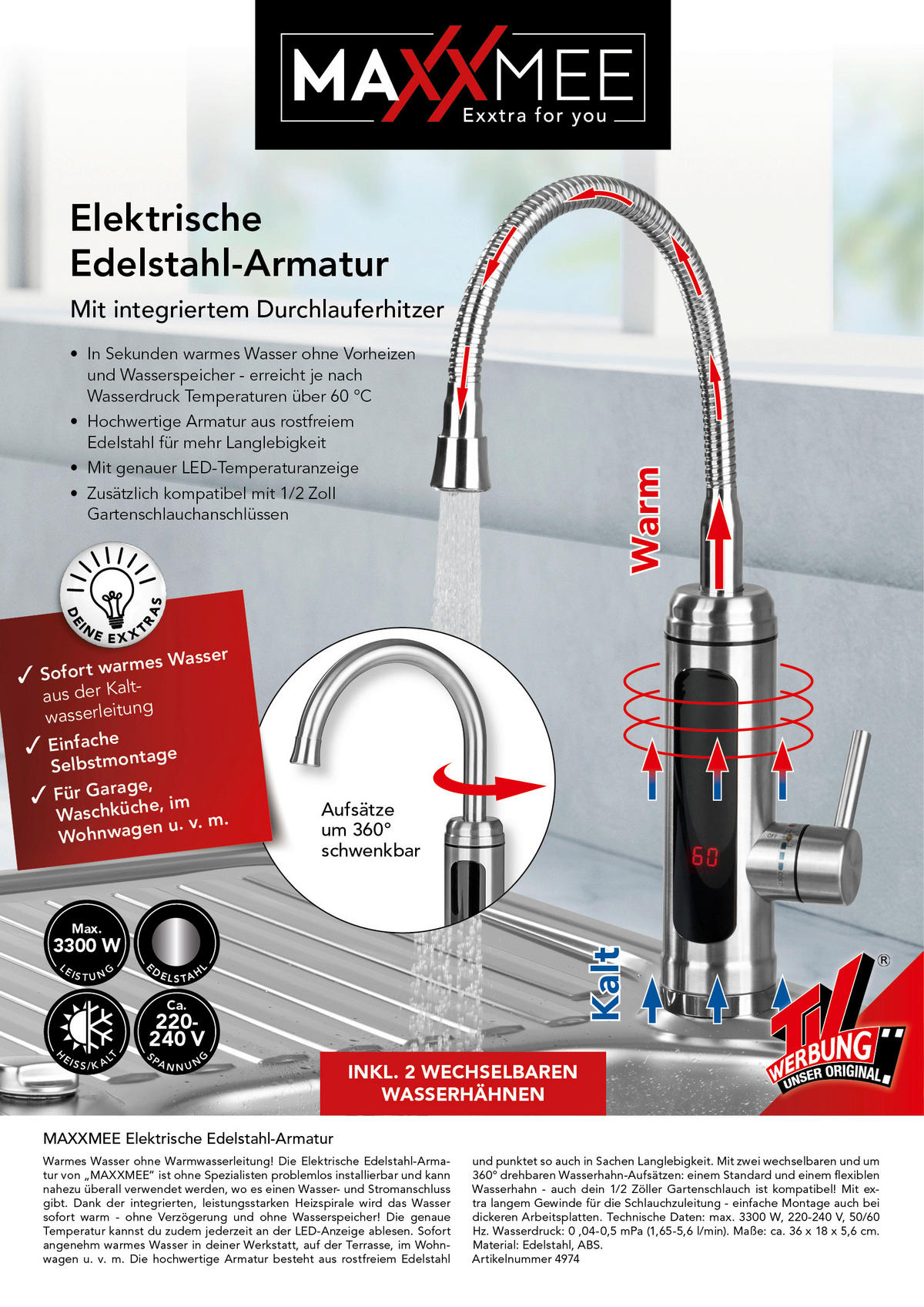 Elektrische Edelstahl-Armatur & Durchlauferhitzer