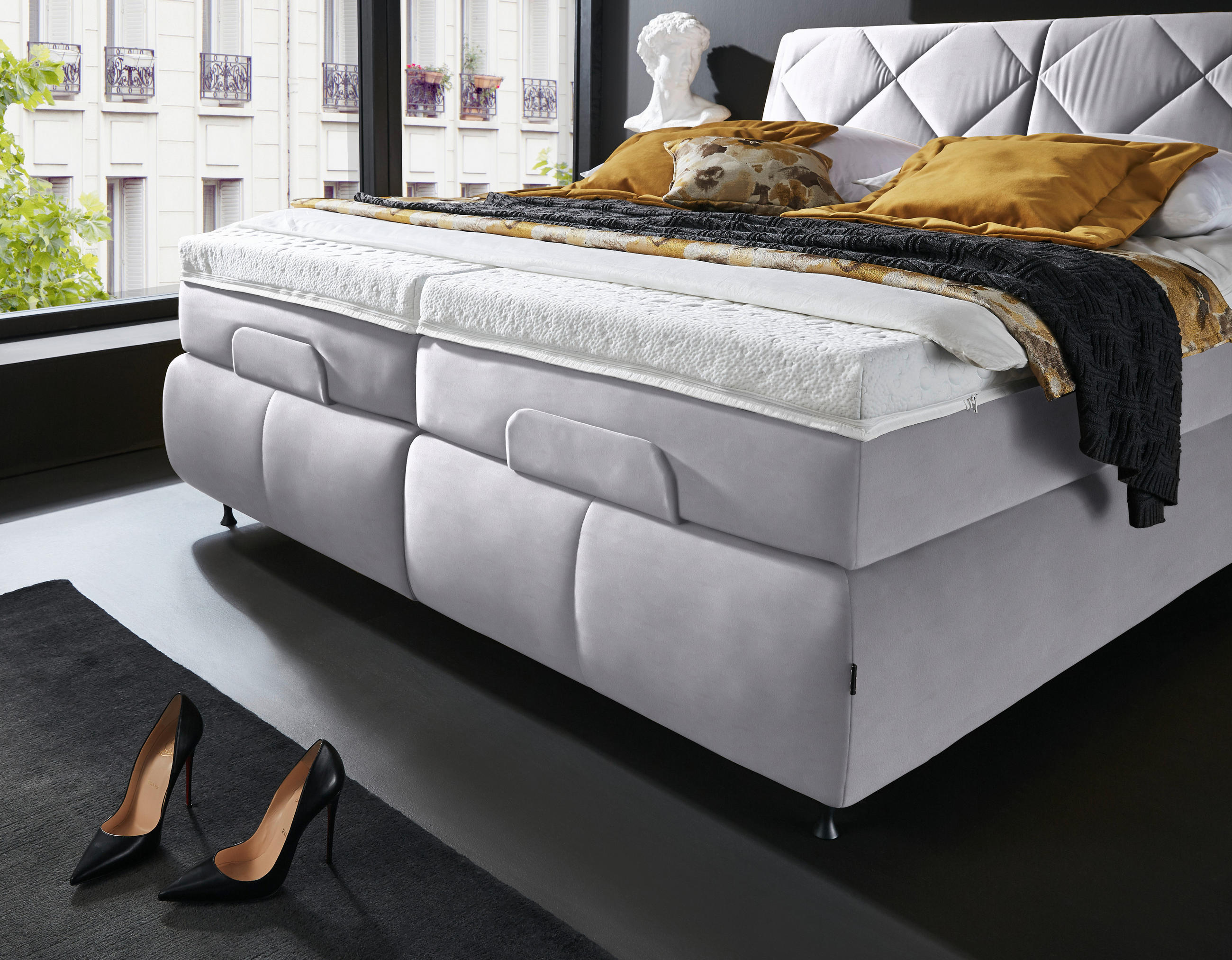 Thumbnail - Dieter Knoll Boxspringbett, Hellgrau, Textil, H2 + H3, 7-Zonen, Höhe ca. 19 cm, 180x200 cm, Matratze, gepolstertes Kopft...