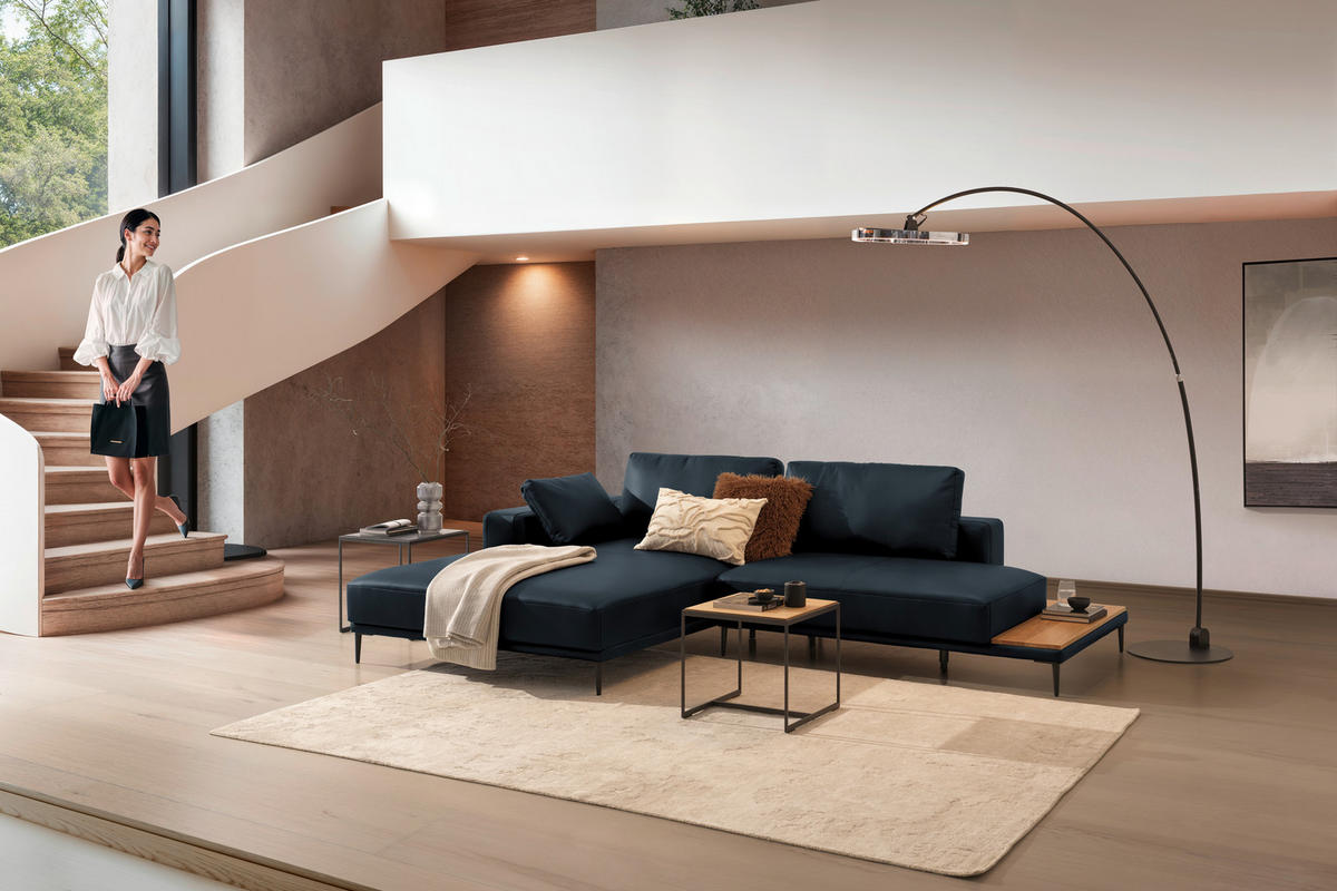 ECKSOFA Echtleder Dunkelblau  - Schwarz/Dunkelblau, Design, Leder/Metall (201/304cm) - Belluti