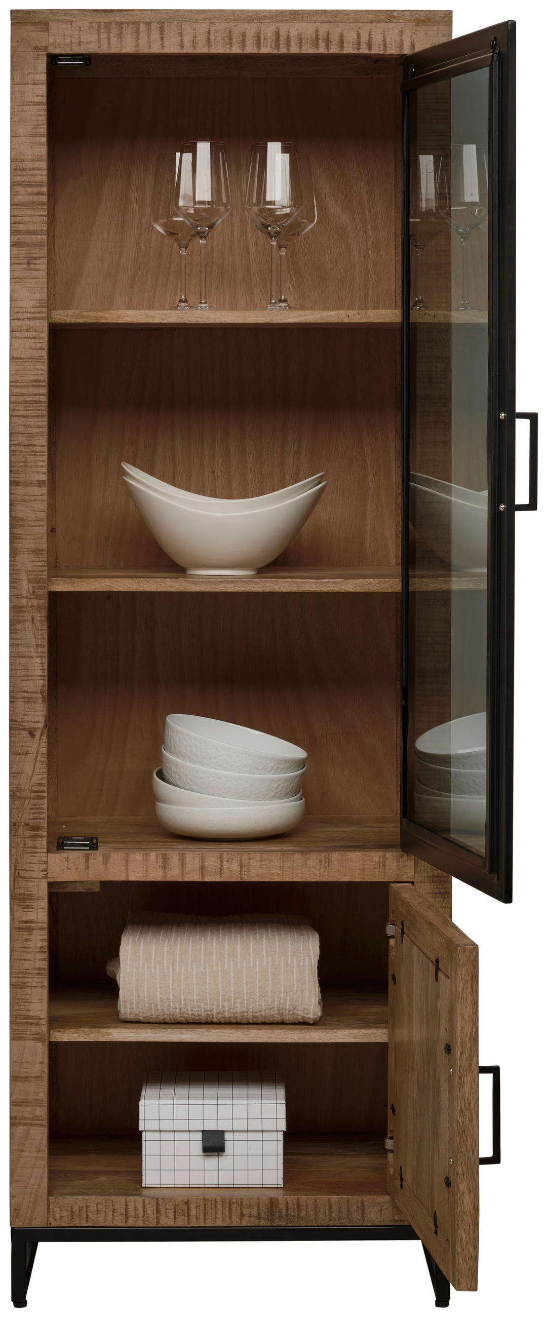 VITRIN tömör mangófa natúr  - natúr/fekete, Romantik / Landhaus, Üveg/fa (60/173/40cm) - Carryhome