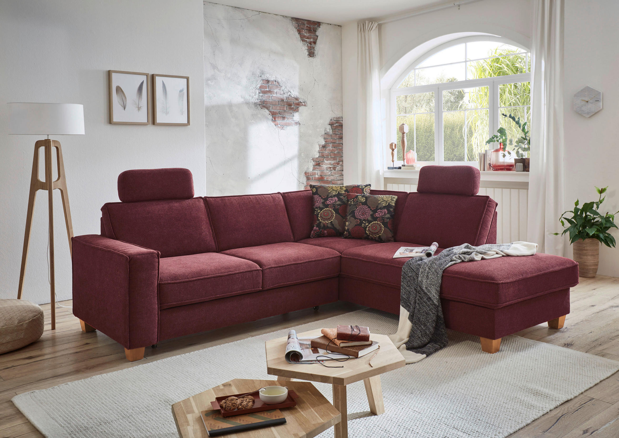 ECKSOFA Dunkelrot Flachgewebe  - Eichefarben/Dunkelrot, KONVENTIONELL, Holz/Textil (236/213cm) - Sit & More