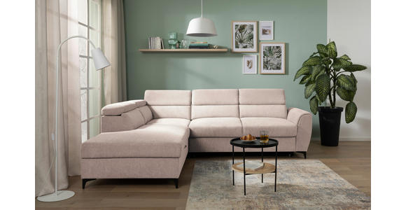 ECKSOFA Creme Velours Bettkasten, Schlaffunktion, Rücken echt, Kopfteilverstellung, Liegefläche im Originalstoff  - Creme/Schwarz, KONVENTIONELL, Textil/Metall (217/255cm) - Carryhome