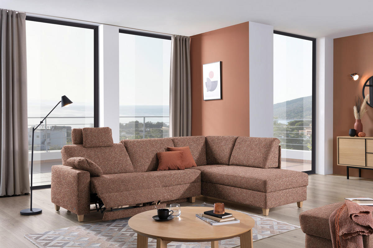 ECKSOFA  in Mikrovelours Terracotta  261/203 cm  - Eichefarben/Terracotta, KONVENTIONELL, Holz/Textil (261/203cm) - Sedda