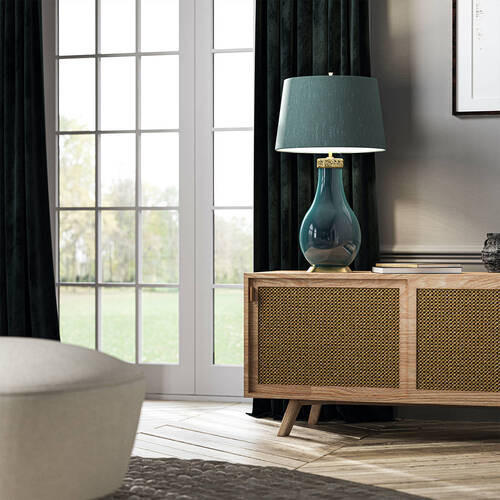 TISCHLEUCHTE Elstead Havering 41/73.5 cm   - Türkis/Messingfarben, KONVENTIONELL, Keramik/Textil (41/73.5cm) - Elstead Lighting