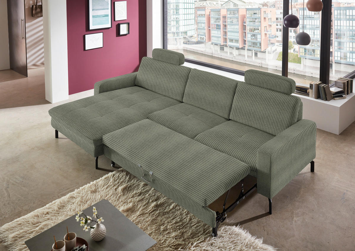 ECKSOFA in Cord Grün  - Schwarz/Grün, Design, Textil/Metall (178/302cm) - Beldomo Style
