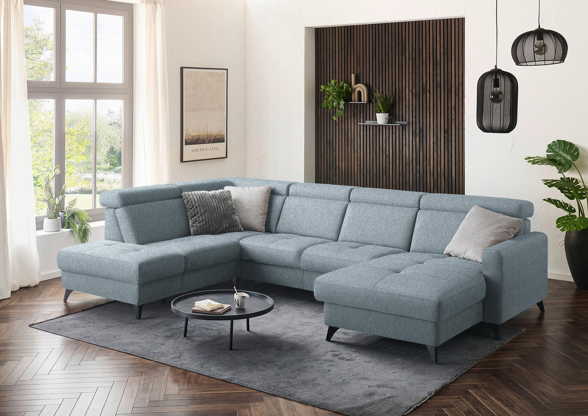 WOHNLANDSCHAFT Flachgewebe Hellblau  - Schwarz/Hellblau, Konventionell, Textil/Metall (215/333/174cm) - Beldomo System