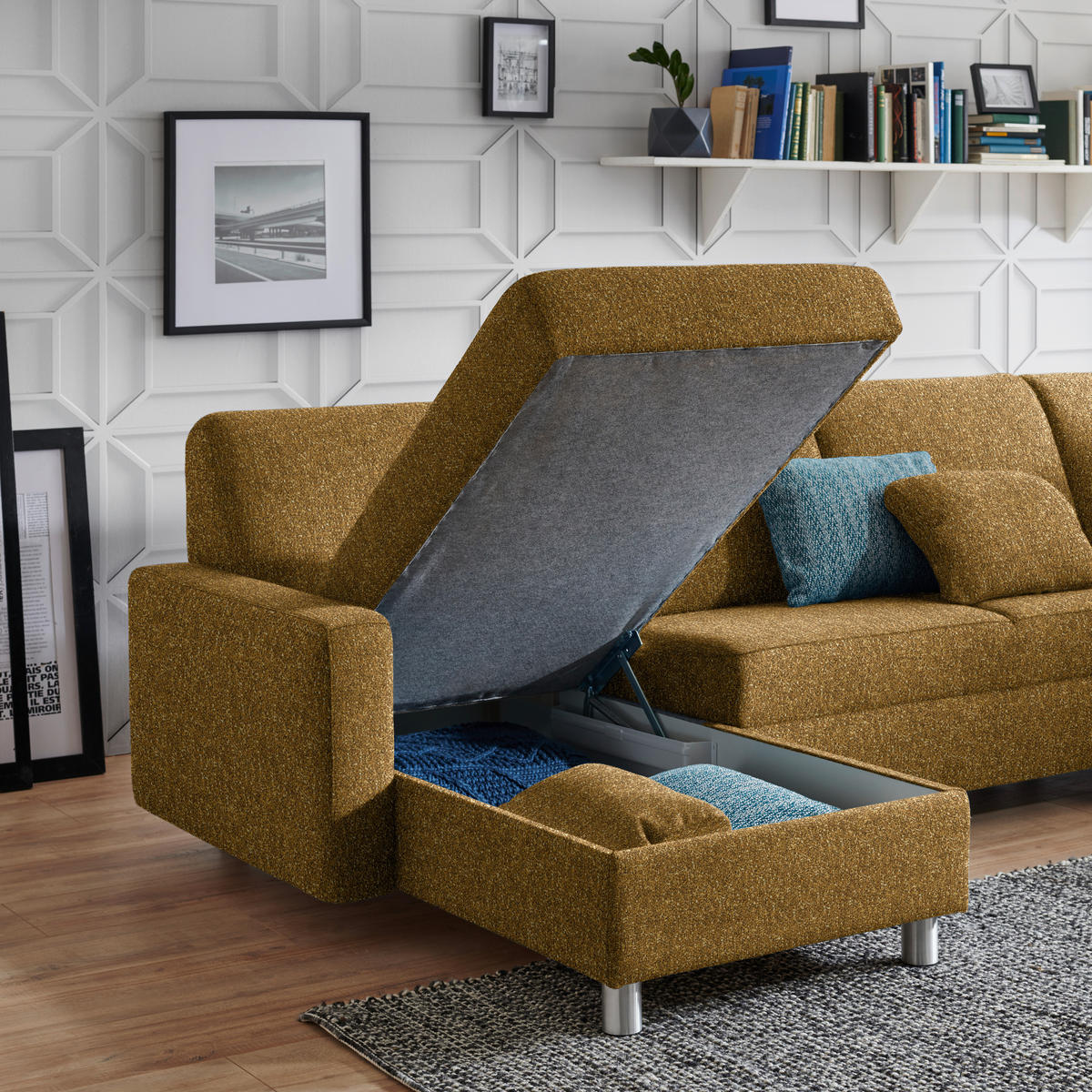 WOHNLANDSCHAFT  in Mikrovelours Senfgelb  - Senfgelb/Alufarben, KONVENTIONELL, Kunststoff/Textil (158/322/236cm) - Sedda