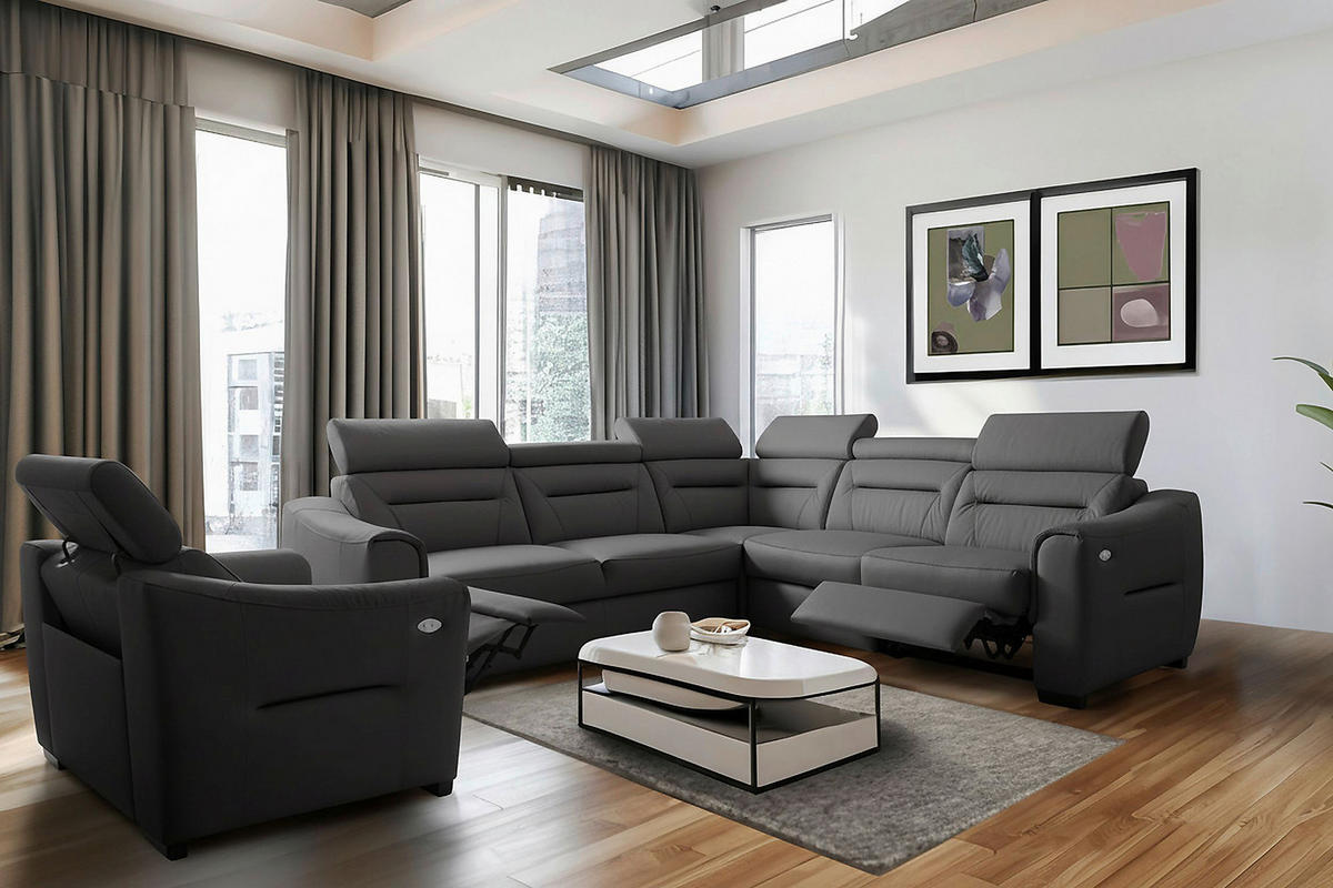 ECKSOFA  in Lederlook Echtleder Anthrazit  - Wengefarben/Anthrazit, Design, Leder/Holz (260/260cm) - Celina Home