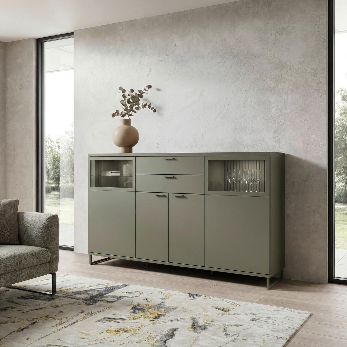 SIDEBOARD  195/123,2/39,6 cm 2 Schublade(n)  - Olivgrün, Design, Glas/Holzwerkstoff (195/123,2/39,6cm) - Invivus