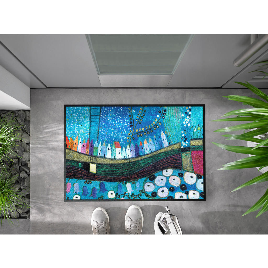 Thumbnail - wash+dry FUßMATTE Stadt in Blau, Blau, Mehrfarbig, Textil, Graphik, rechteckig, 50x75 cm, Textiles Vertrauen - Oeko-Tex®...