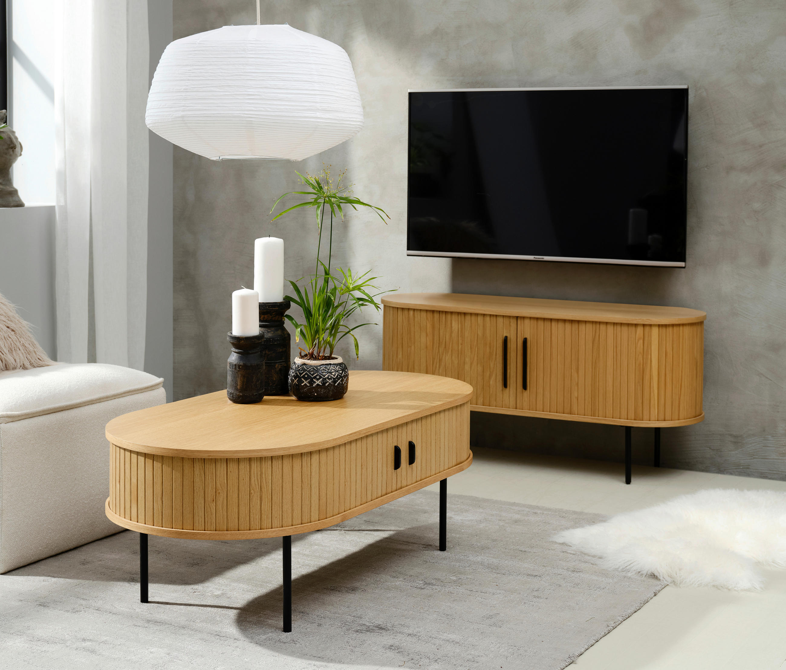 COUCHTISCH furniert 120/60/45 cm oval Eichefarben  - Eichefarben/Schwarz, Trend, Holzwerkstoff/Metall (120/60/45cm) - home24