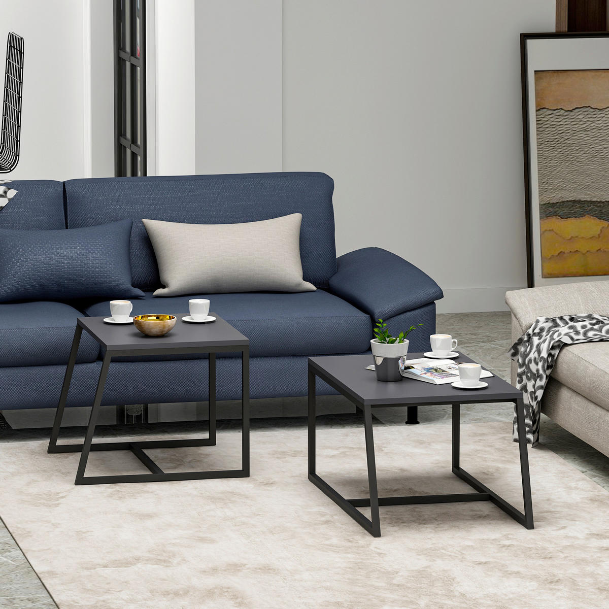 COUCHTISCHSET Minimal Couchtisch Anthrazit  - Anthrazit/Schwarz, Design, Holzwerkstoff/Metall - Livetastic