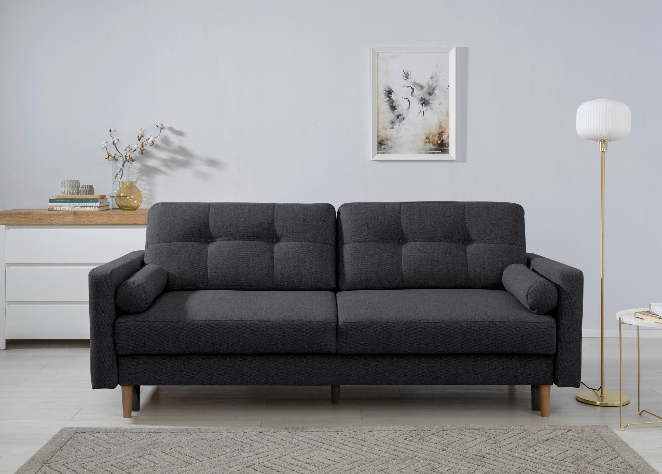 SCHLAFSOFA Dunkelgrau  - Dunkelgrau/Buchefarben, Design, Holz/Textil (222/93/99cm) - MID.YOU