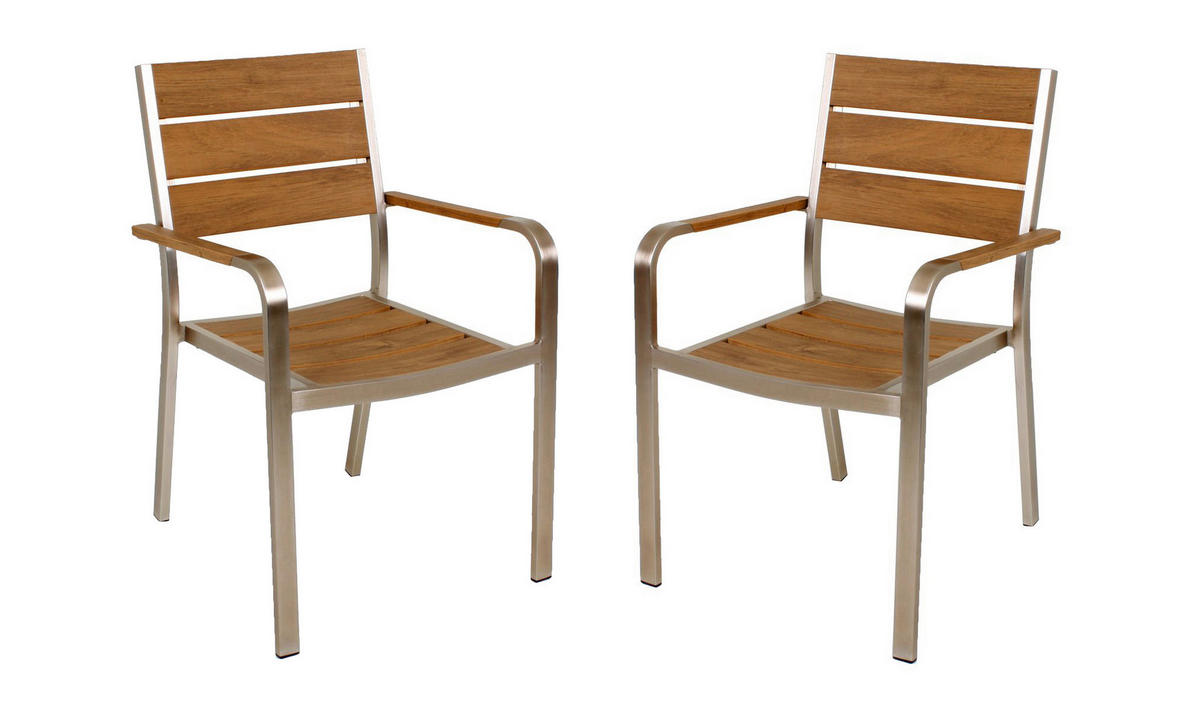 GARTENSTUHL-SET Aluminium Champagner, Teakfarben  - Champagner/Teakfarben, Basics, Kunststoff/Metall (55/85/60cm) - Gardenson