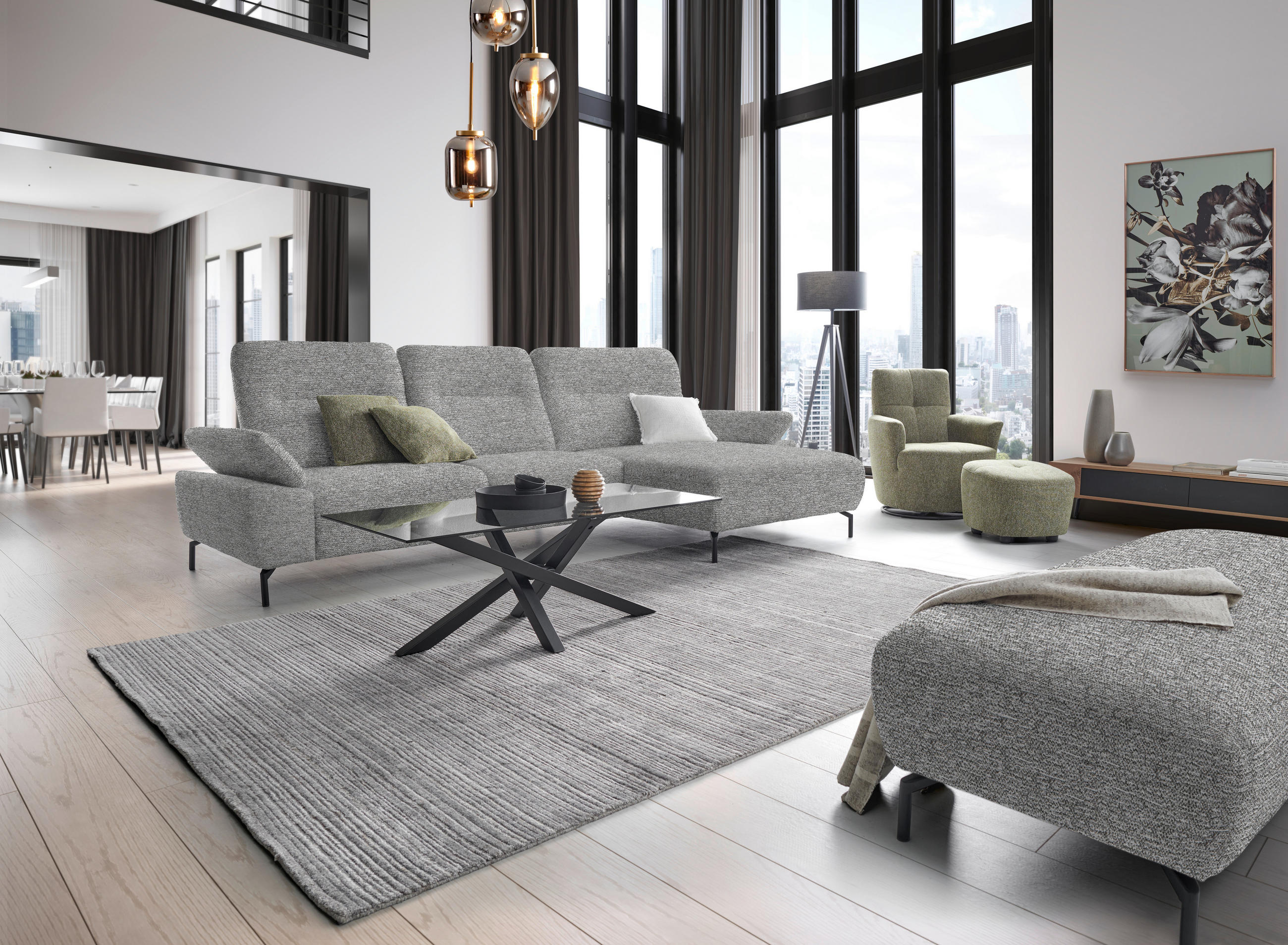 ECKSOFA in Chenille, Flachgewebe Hellgrau  318/165 cm  - Hellgrau/Schwarz, Design, Textil/Metall (318/165cm) - Xora