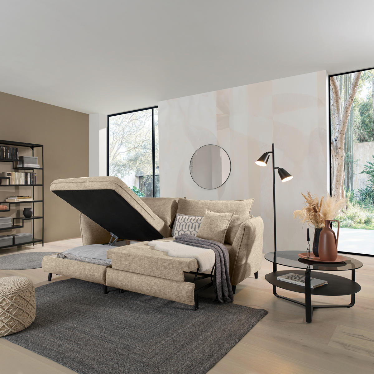 ECKSOFA inkl. Funktionen Beige Struktur  - Beige/Schwarz, Design, Holz/Textil (245/161cm) - Stylife