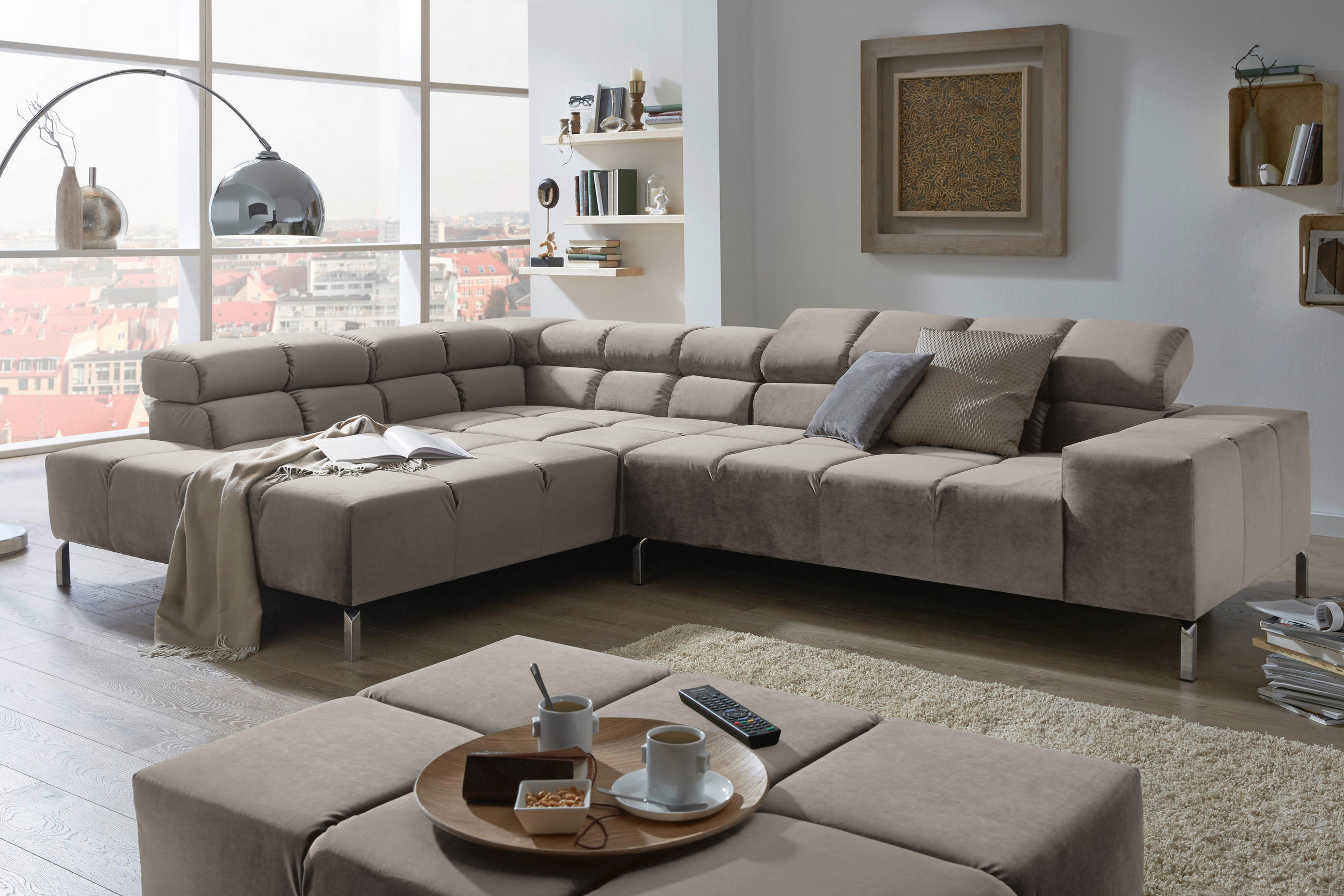 ECKSOFA Grau Velours - Grau, Design, Textil/Metall (216/321cm) - Hom`in