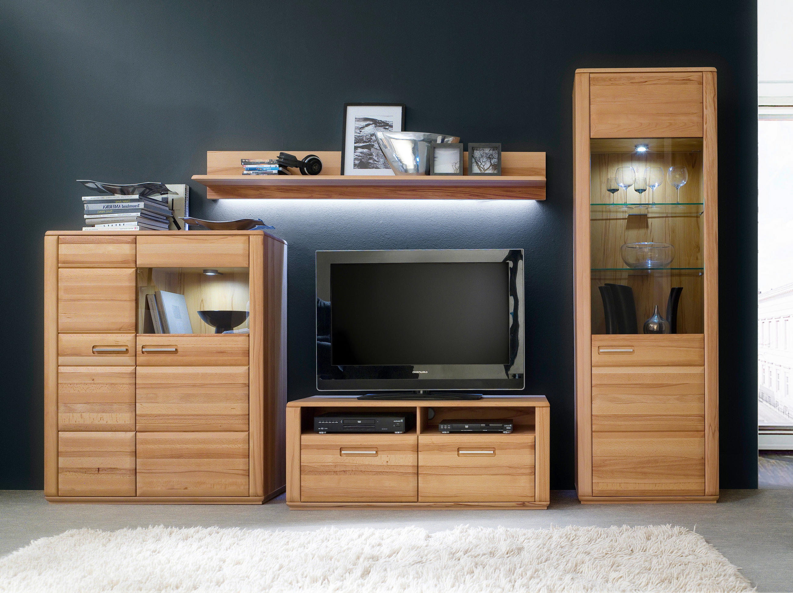 WOHNWAND La Paz  in Buchefarben  319/209/51 cm  - Buchefarben/Silberfarben, Design, Glas/Holz (319/209/51cm) - Livetastic