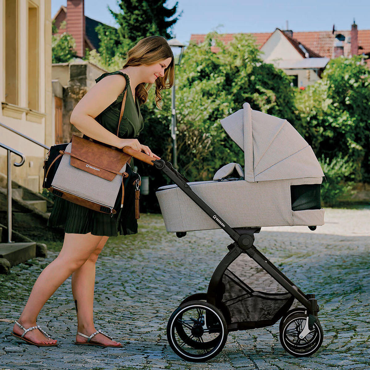 KINDERWAGENSET  FX4 Swing Set  Beige-Cognac  - Khaki/Cognac, Basics, Textil (100/55/130cm) - Gesslein