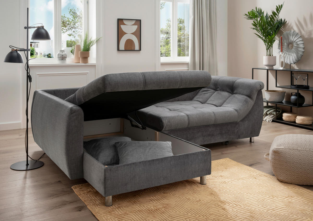 ECKSCHLAFSOFA  mit Liegefunktion, seitenverkehrt erhältlich Mikrofaser Dunkelgrau  - Chromfarben/Dunkelgrau, MODERN, Textil/Metall (190/250cm) - Livetastic