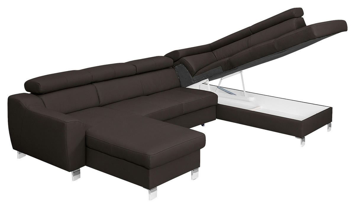 WOHNLANDSCHAFT Dunkelbraun Echtleder Lederlook  - Chromfarben/Dunkelbraun, Design, Leder/Textil (175/315/208cm) - Livetastic