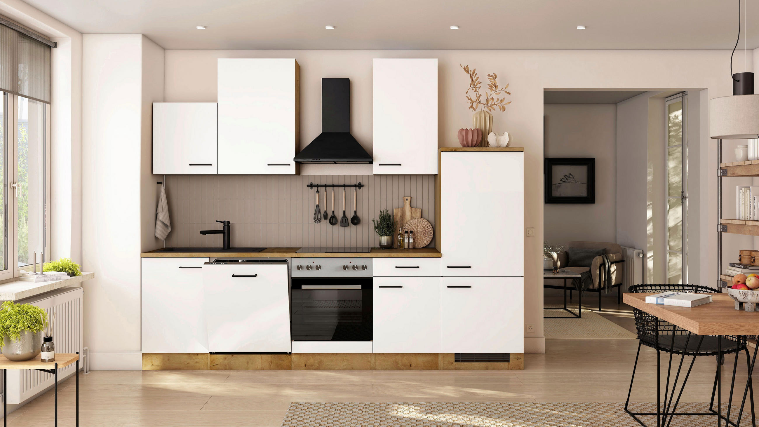 KÜCHENBLOCK 280 cm  in Eichefarben, Magnolie  - Eichefarben/Magnolie, Trend, Holzwerkstoff/Metall (280cm) - FlexWell