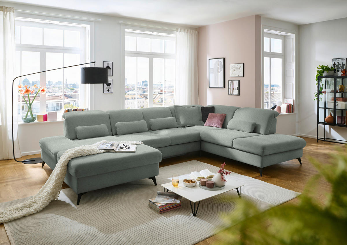 WOHNLANDSCHAFT Chenille Hellgrau  - Hellgrau/Schwarz, Design, Textil/Metall (198/364/255cm) - Beldomo Style