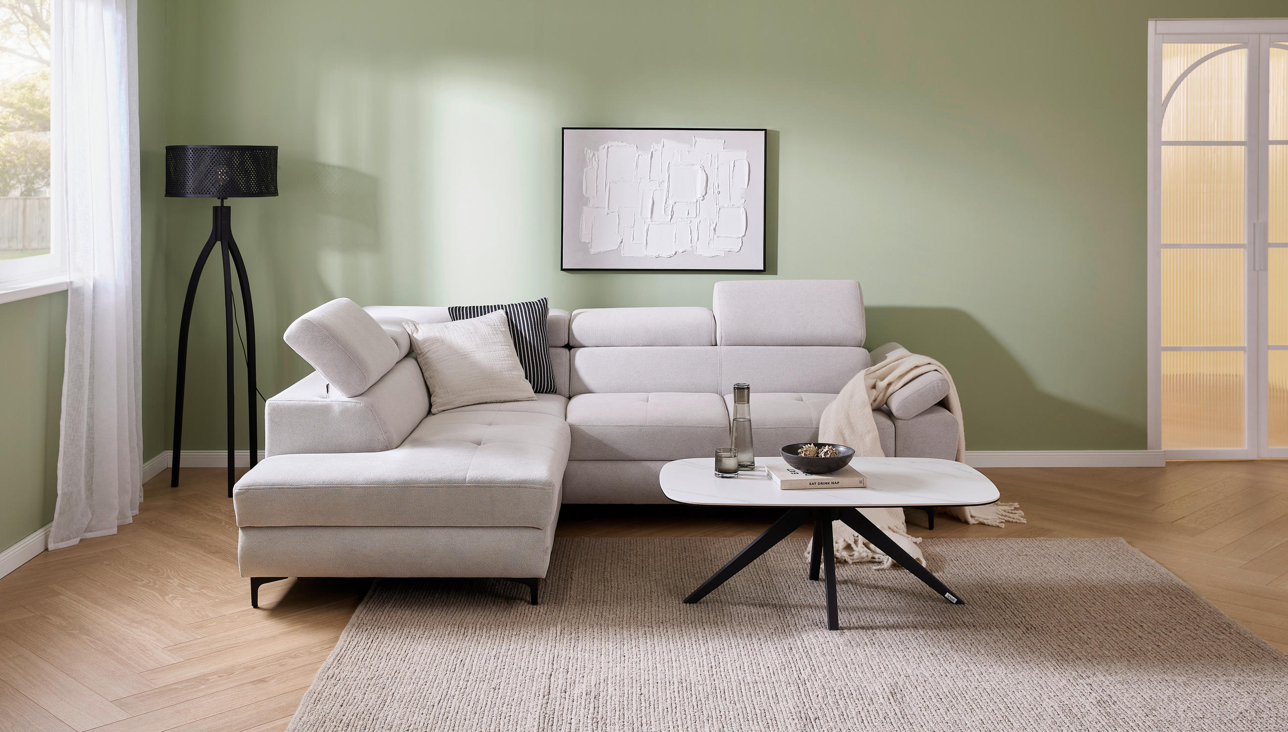 ECKSOFA in Flachgewebe Beige  - Beige/Schwarz, Design, Textil/Metall (206/266cm) - Stylife
