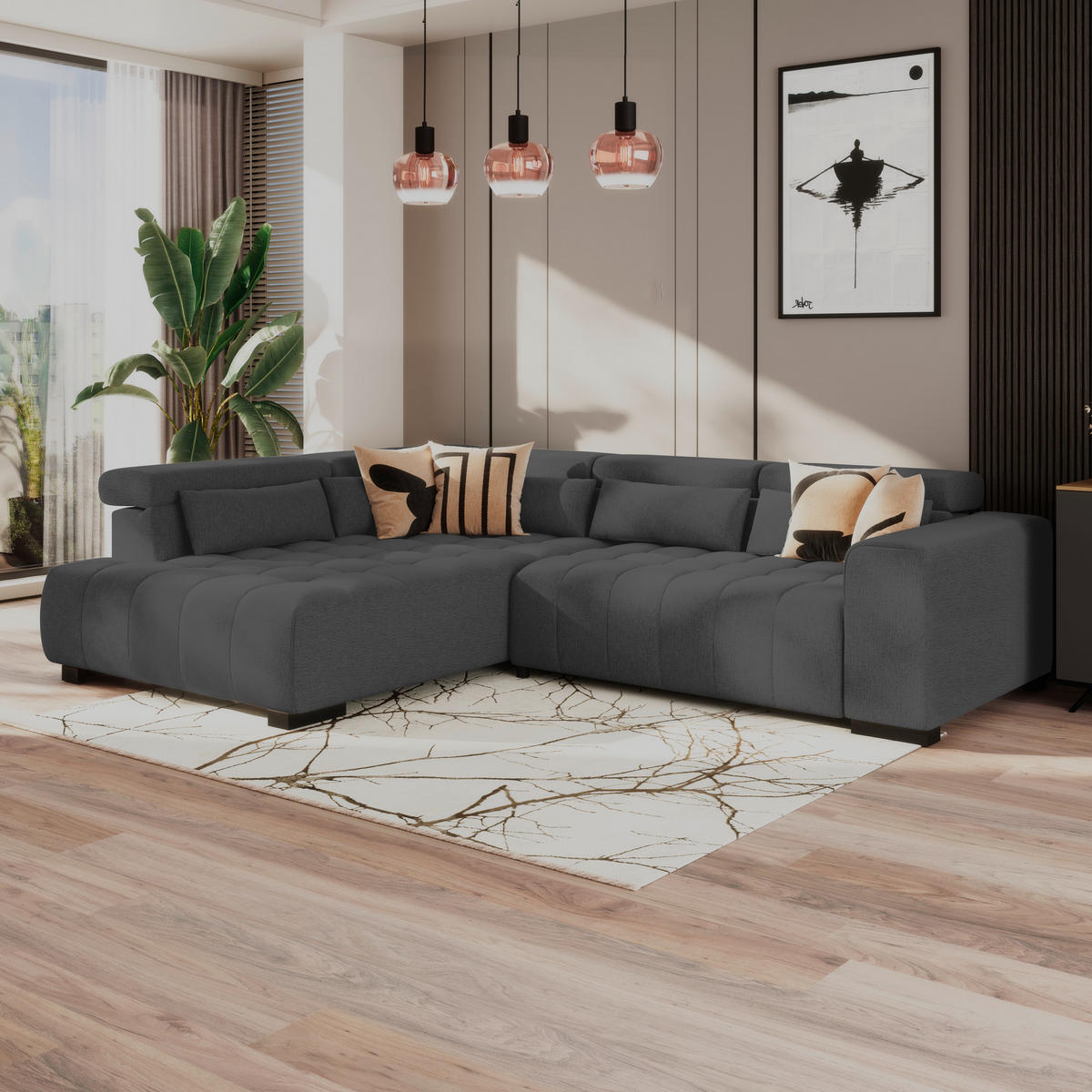 ECKSOFA MATERA Graphitfarben Chenille, Struktur Nierenkissen, Kopfteilverstellung, Sitzvorzug  - Schwarz/Graphitfarben, Trend, Holz/Textil (226/311cm) - MID.YOU