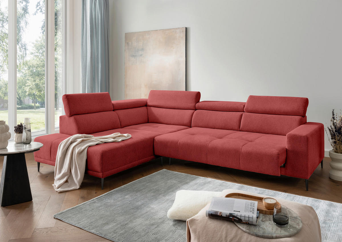 ECKSOFA INTERA in Struktur Rot  225/305 cm  - Rot/Schwarz, KONVENTIONELL, Textil/Metall (225/305cm) - Livetastic