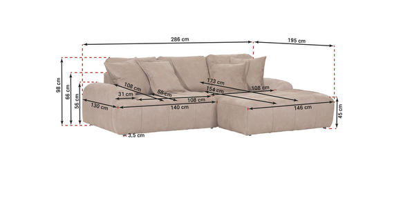 ECKSOFA  in Flachgewebe Rosa  286/195 cm  - Schwarz/Rosa, KONVENTIONELL, Kunststoff/Textil (286/195cm) - Carryhome