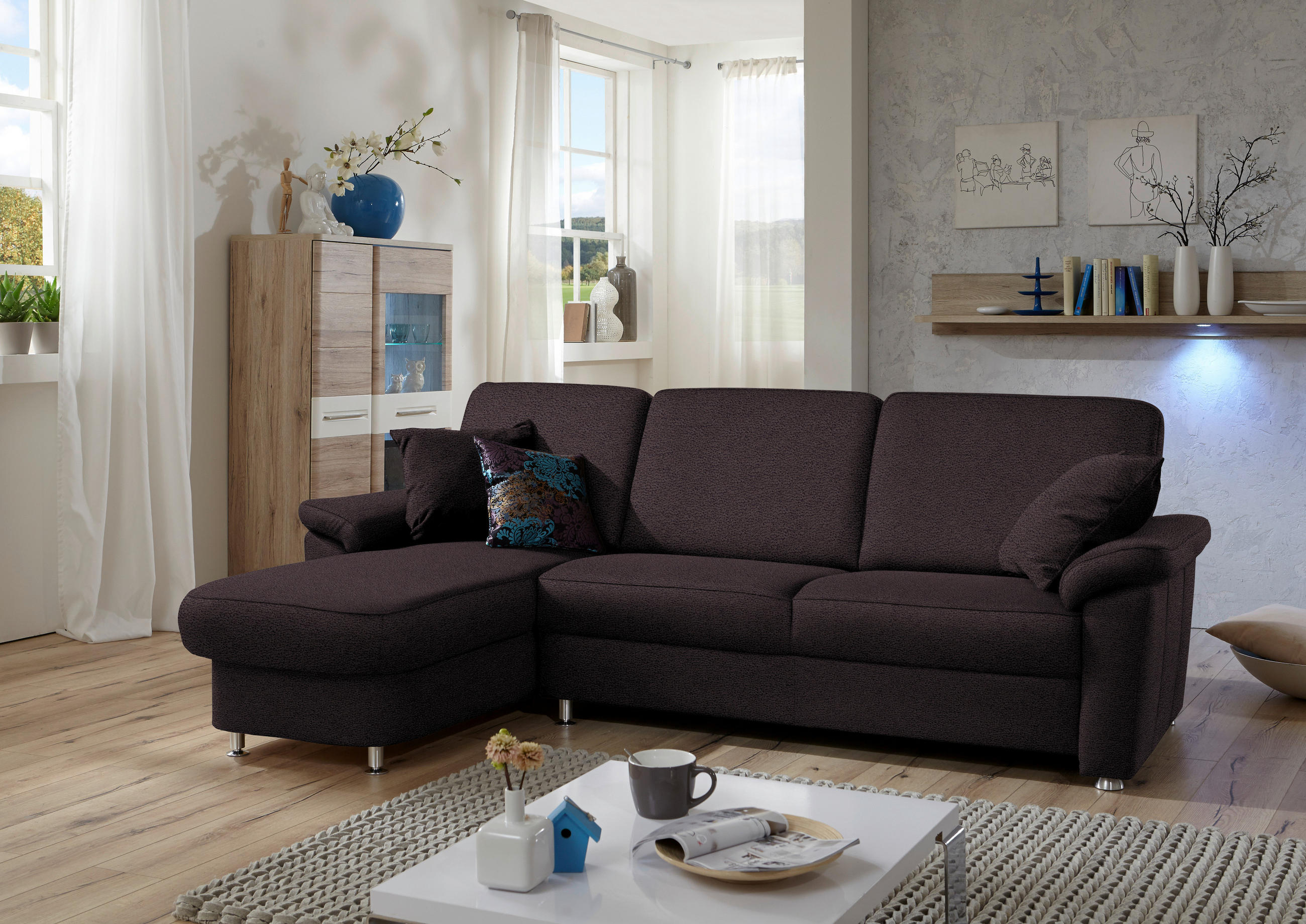 ECKSOFA in Flachgewebe Mokka  - Chromfarben/Mokka, Konventionell, Textil/Metall (163/250cm) - Beldomo System