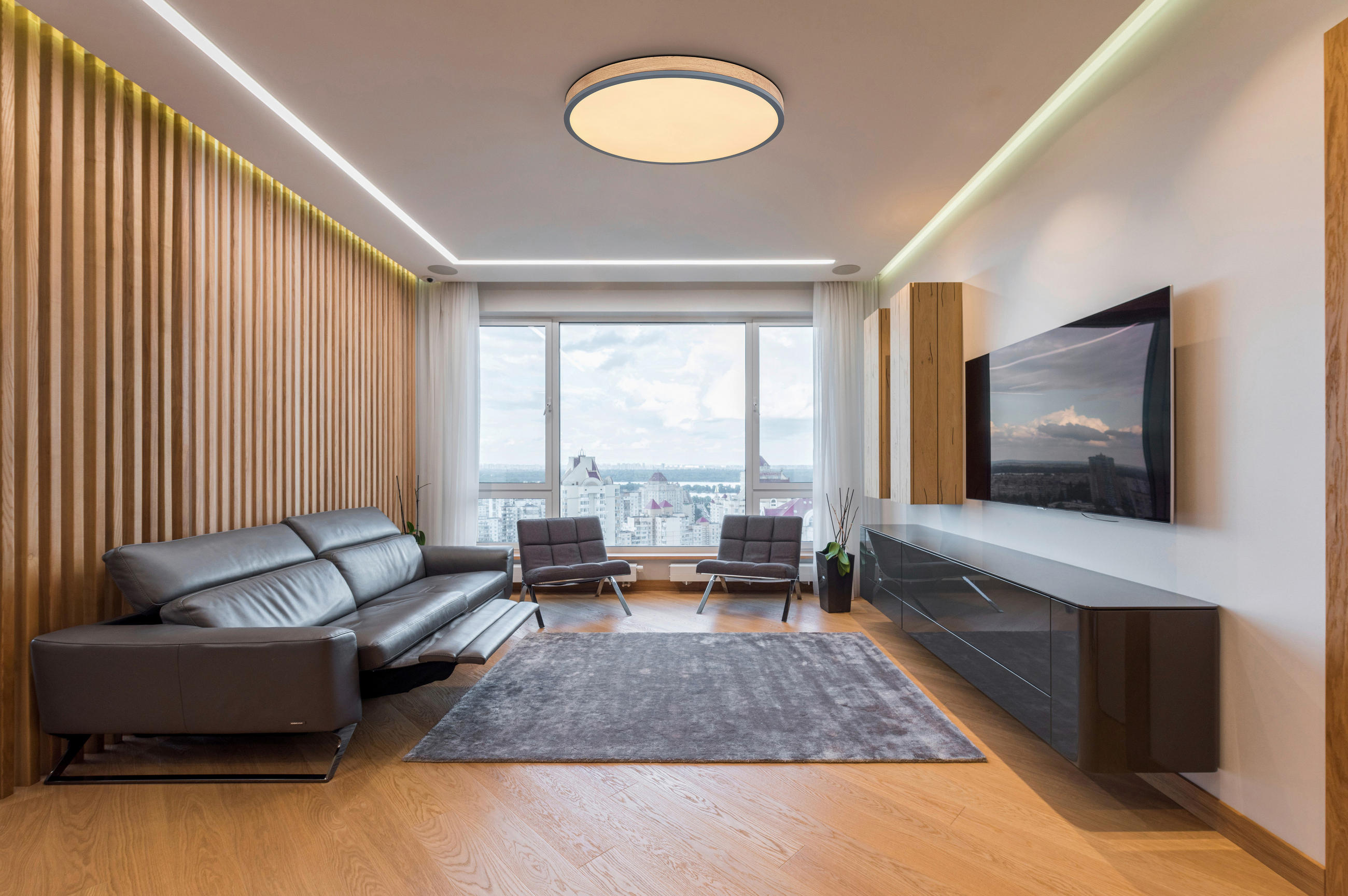 LED-DECKENLEUCHTE 60/8,5 cm   - Opal/Graphitfarben, Natur, Holzwerkstoff/Kunststoff (60/8,5cm) - Globo