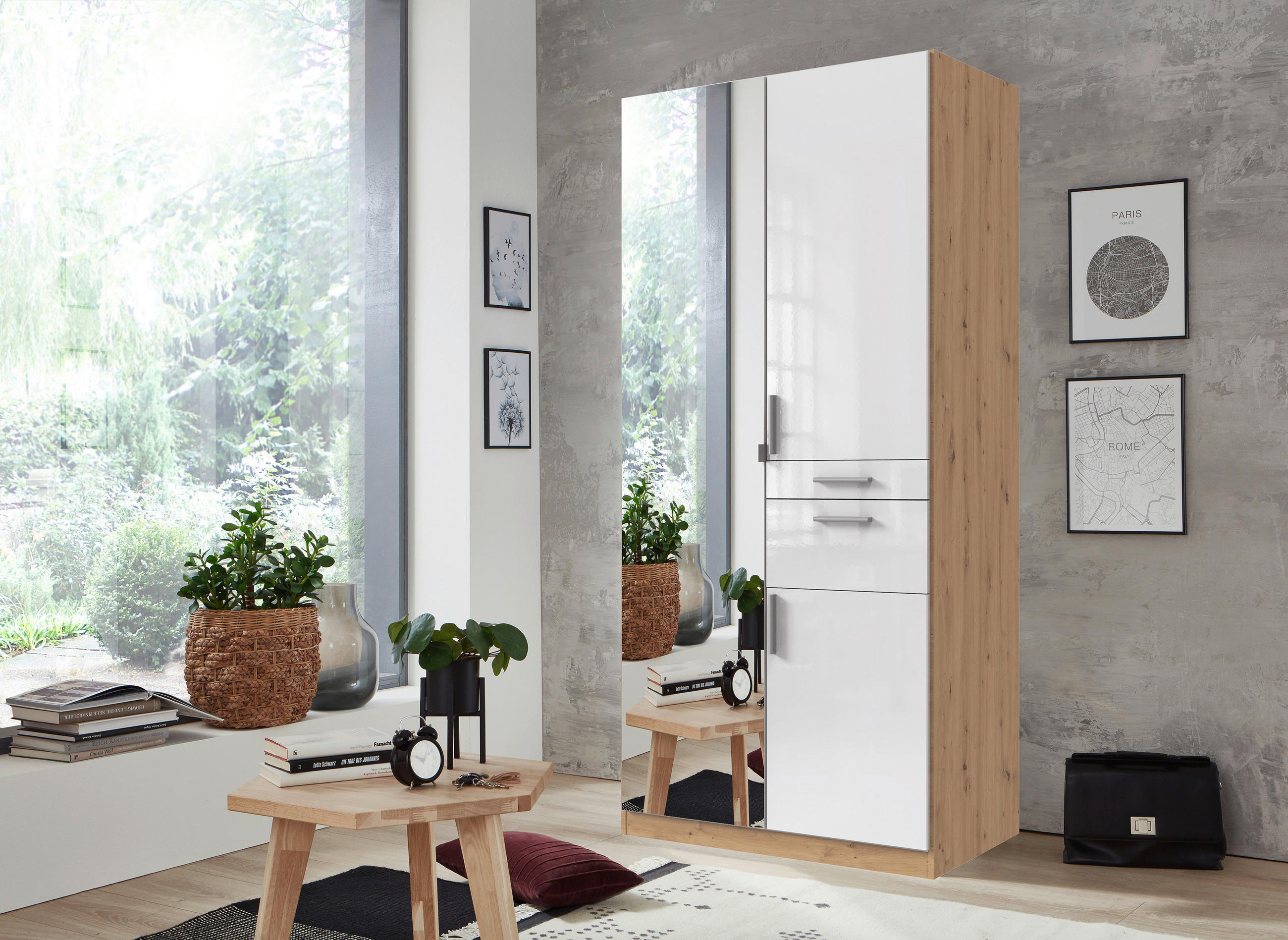 DREHTÜRENSCHRANK 90/197/58 cm - Weiß Hochglanz/Alufarben, MODERN, Holzwerkstoff/Kunststoff (90/197/58cm) - MID.YOU