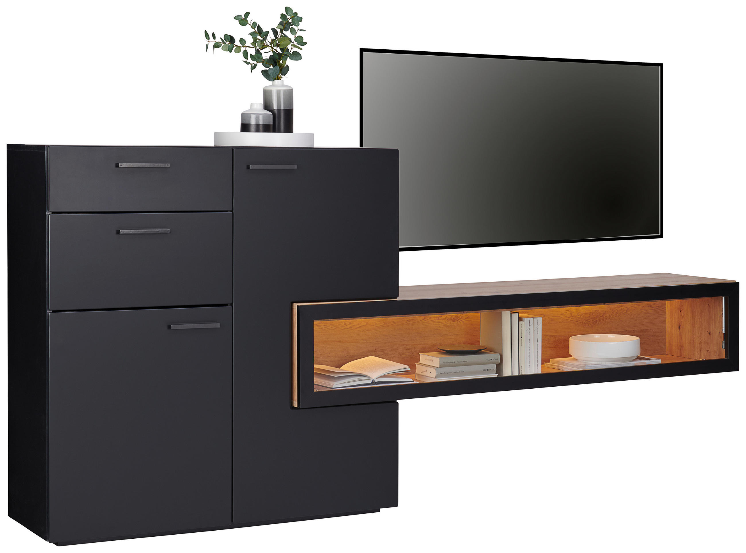 WOHNWAND MAROS  in Schwarz, Eichefarben  240/180/38 cm  - Eichefarben/Schwarz, Design, Glas/Holzwerkstoff (240/180/38cm) - MID.YOU