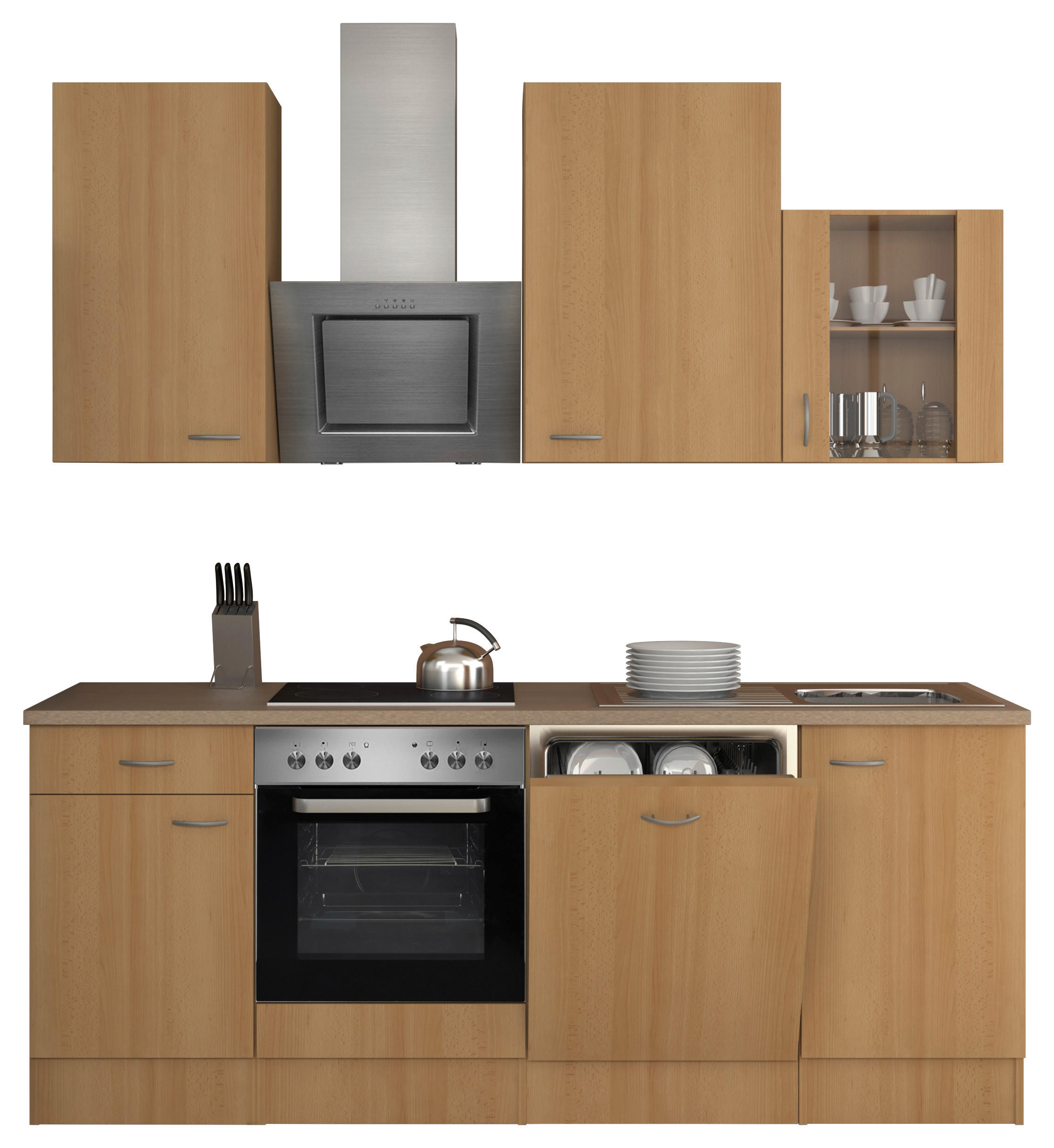 KÜCHENBLOCK 220 cm in Buchefarben, Edelstahlfarben, Hellbraun - Hellbraun/Edelstahlfarben, MODERN, Glas/Metall (220cm) - MID.YOU