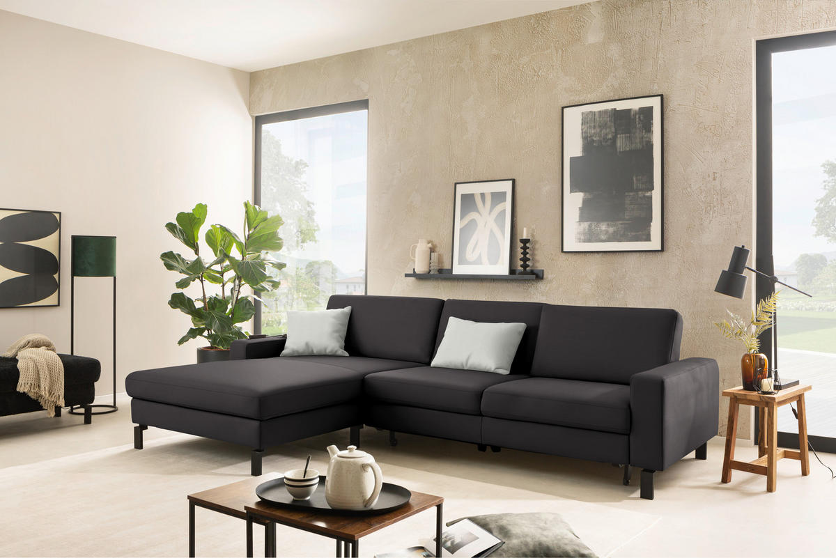 ECKSOFA  in Cord Dunkelbraun Rücken echt, Sitztiefenverstellung  185/298 cm  - Dunkelbraun/Schwarz, Design, Textil/Metall (185/298cm) - Pure Home Lifestyle