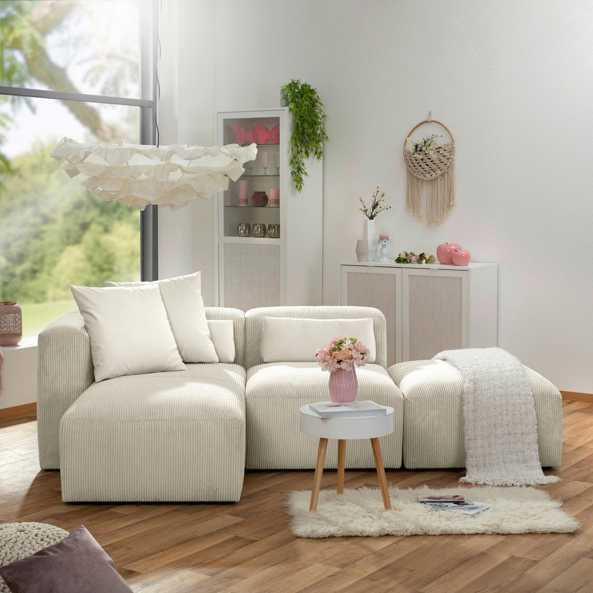 ECKSCHLAFSOFA Creme Cord  - Creme/Schwarz, Design, Kunststoff/Textil (160/250cm) - Max Winzer