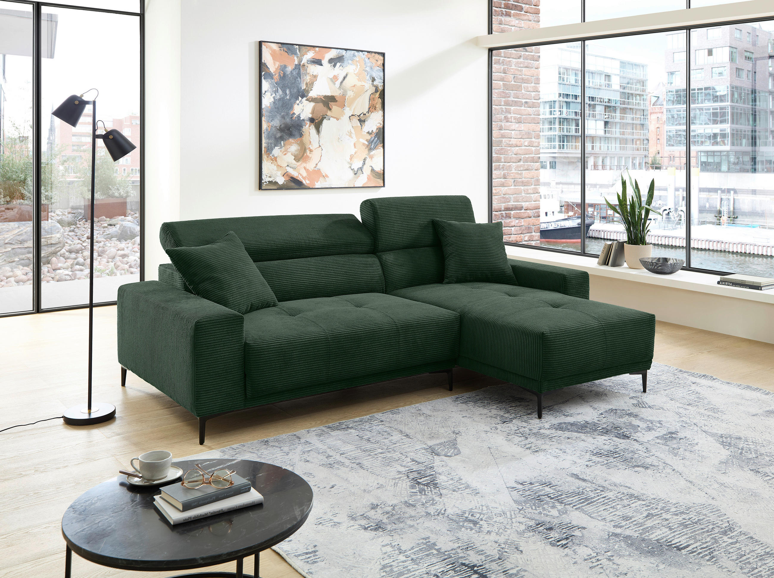 ECKSOFA ORIO Dunkelgrün Cord Zierkissen, Kopfteilverstellung, Sitzvorzug  - Dunkelgrün/Schwarz, Basics, Textil/Metall (250/183cm) - Livetastic