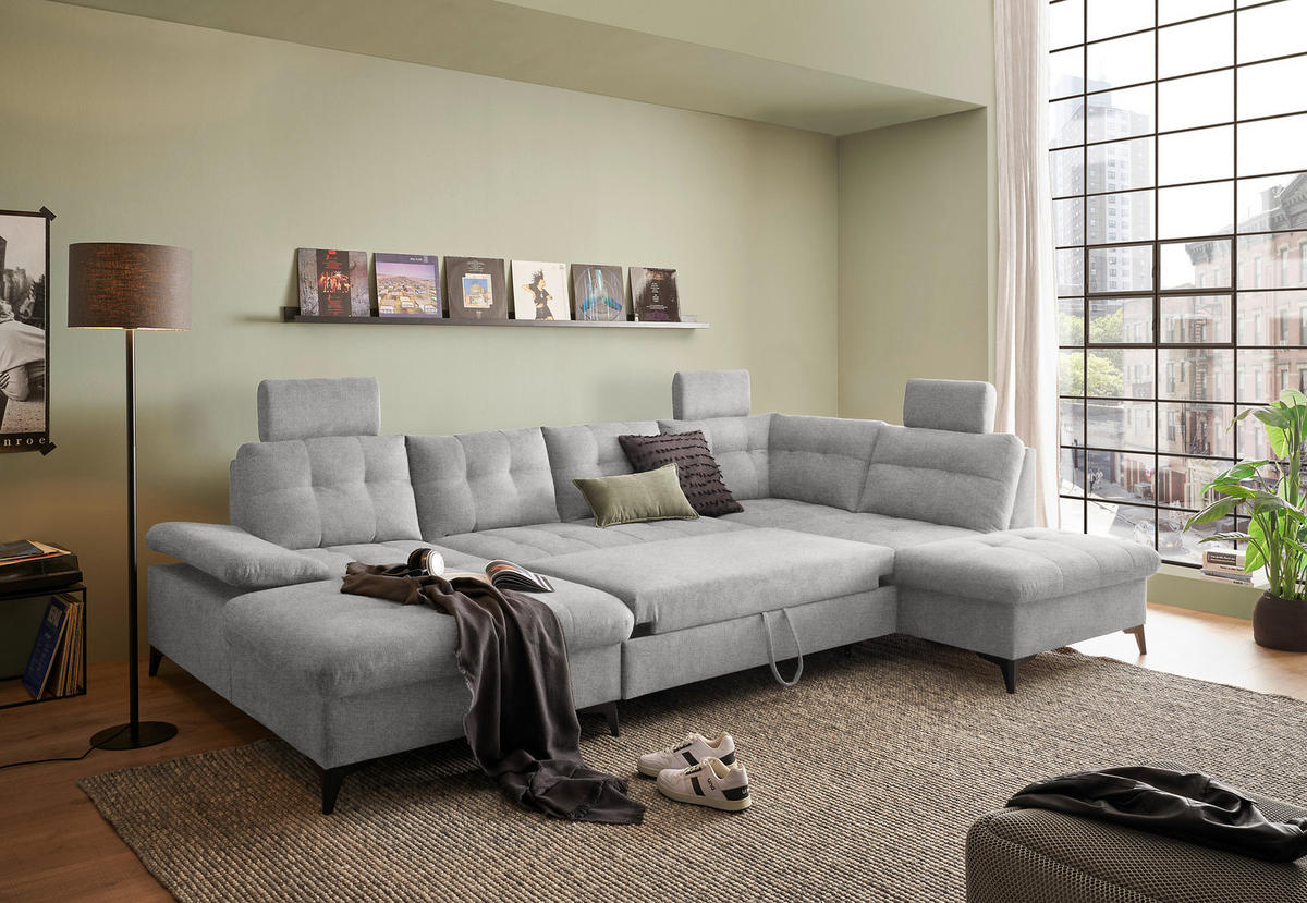 WOHNLANDSCHAFT Webstoff Dunkelgrau  - Dunkelgrau/Schwarz, Konventionell, Kunststoff/Textil (170/324/218cm) - MID.YOU