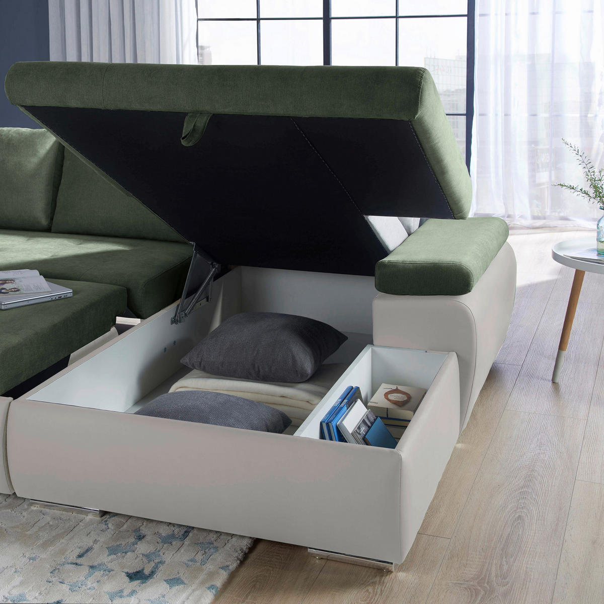 ECKSOFA in Flachgewebe Weiss, Olivgrün  - Weiss/Olivgrün, Design, Kunststoff/Textil (271/175cm) - MID.YOU
