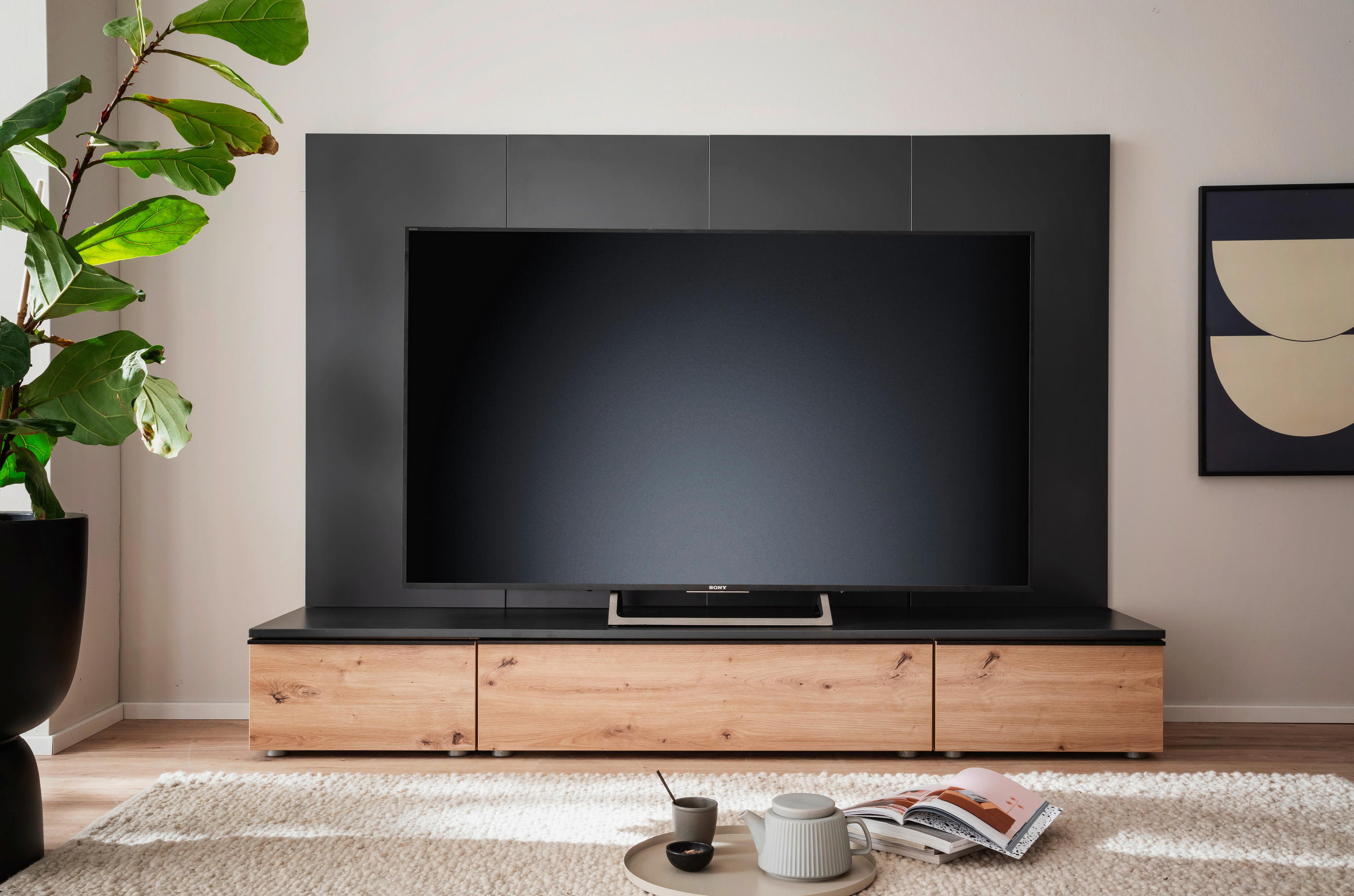 WOHNWAND  in Anthrazit, Eiche Artisan 200/148/45 cm  - Anthrazit/Schwarz, Design, Holzwerkstoff/Metall (200/148/45cm) - Moderano