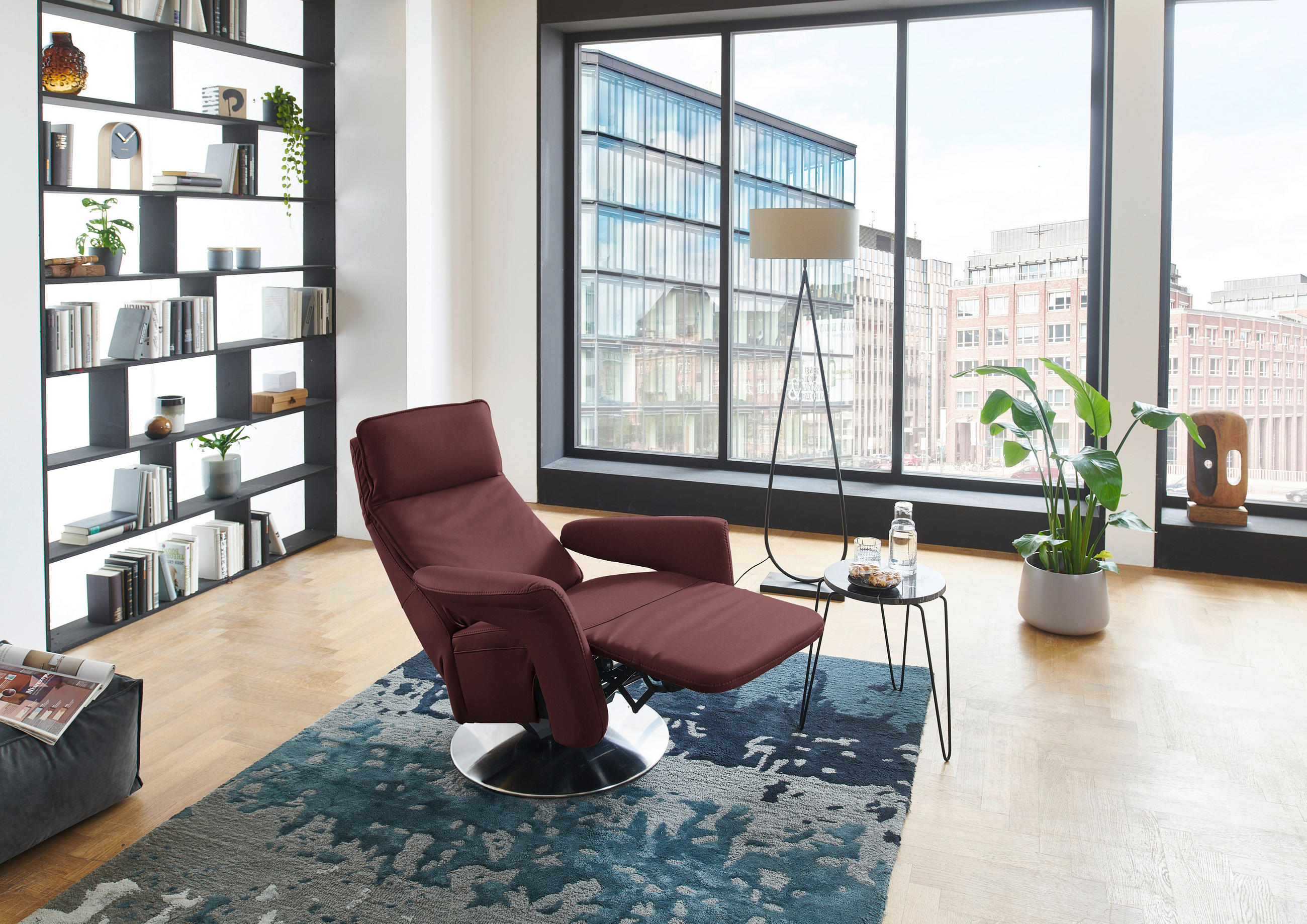 RELAXSESSEL in Leder Beere  - Edelstahlfarben/Beere, Design, Leder/Metall (83/112/87-174cm) - Valdera