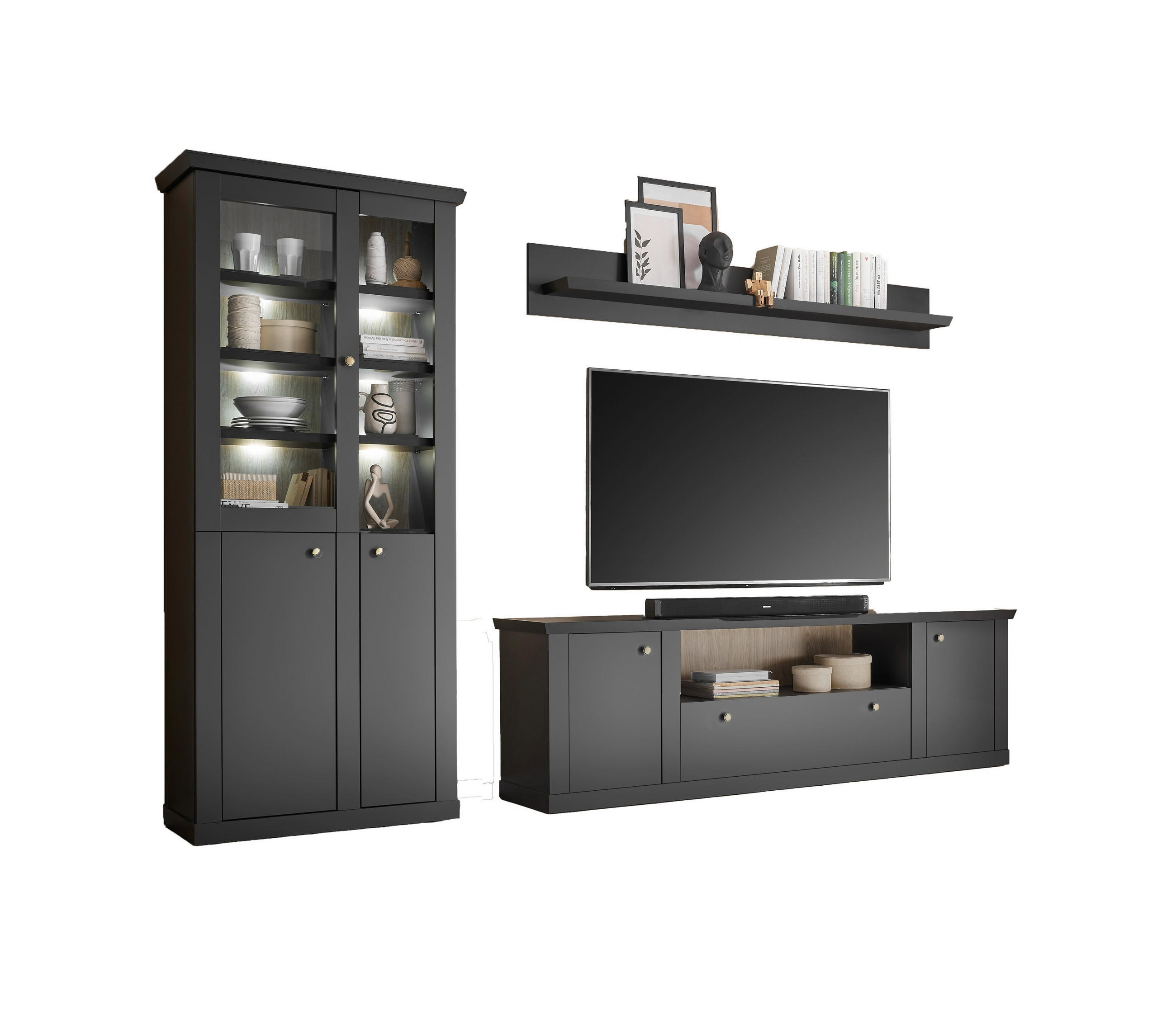 WOHNWAND 3-teilig  in Schwarz, Eichefarben  301/200/42 cm  - Eichefarben/Messingfarben, Design, Holzwerkstoff/Metall (301/200/42cm) - MID.YOU