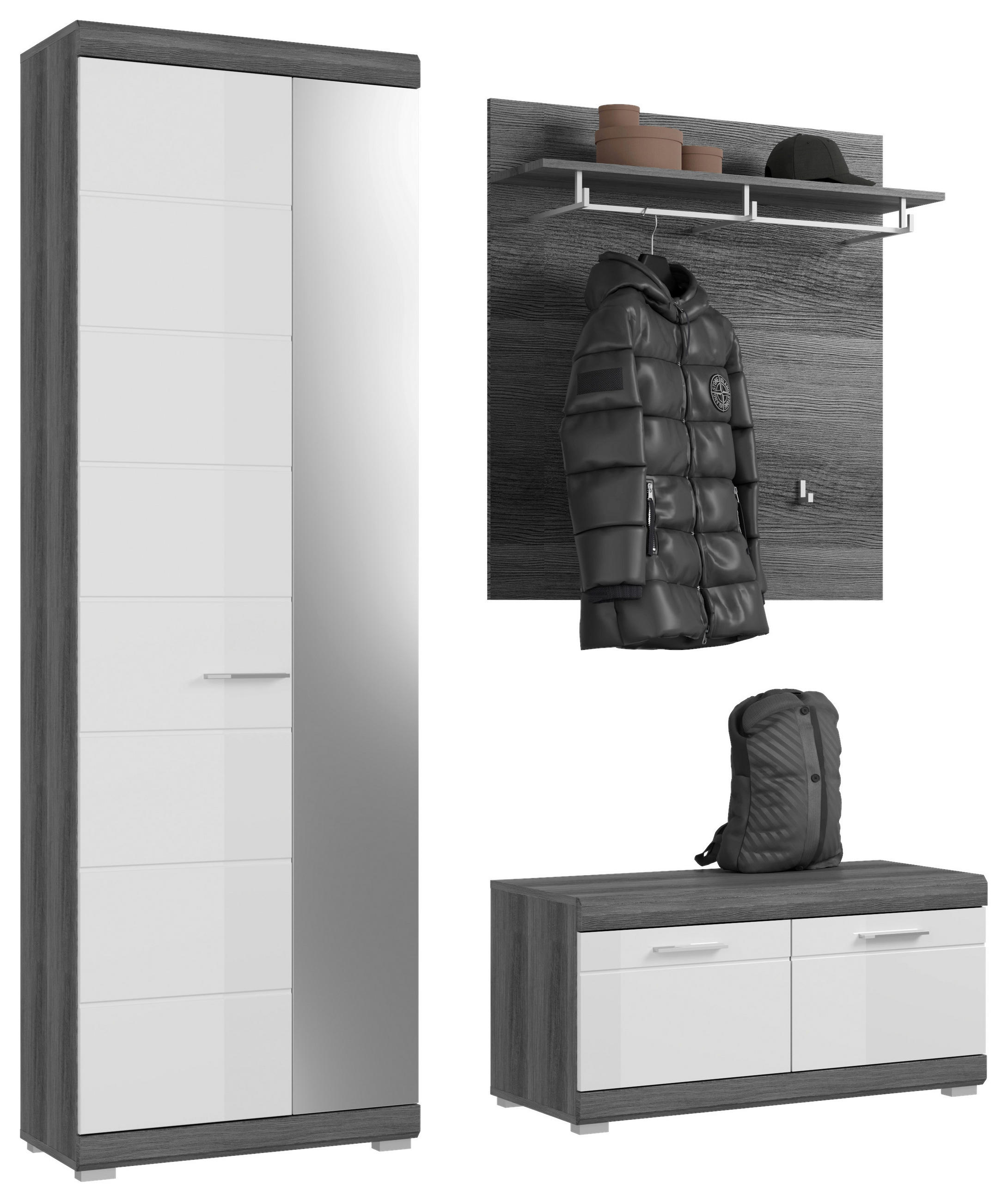 GARDEROBE 3-teilig in 167/197/40 cm - Dunkelgrau/Weiß Hochglanz, Design, Glas/Holzwerkstoff (167/197/40cm) - MID.YOU